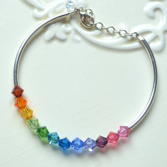 Handmade Rainbow Crystal Bracelet, Silver Plated, Bright and Colourful - Picture 3 of 7